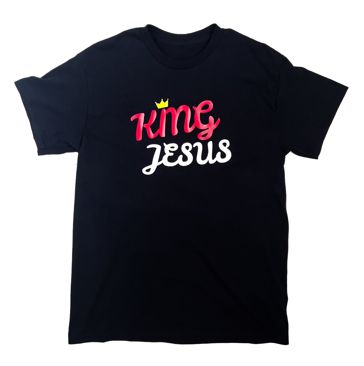 Black t-shirt with 'King Jesus' text in red and white on a white background