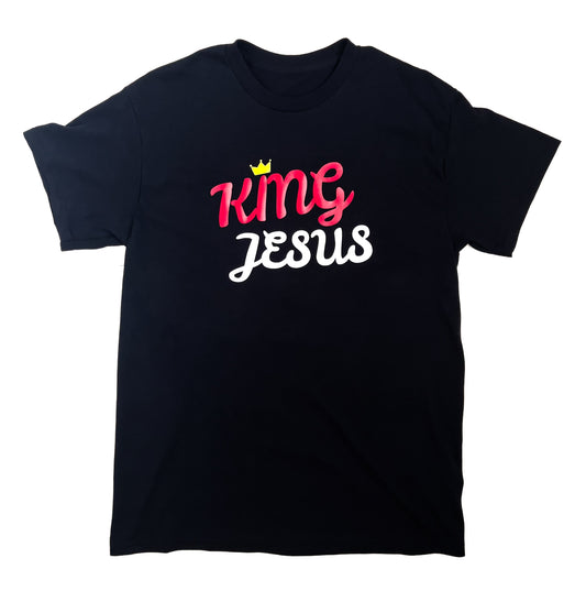 Black t-shirt with 'King Jesus' text in red and white on a white background
